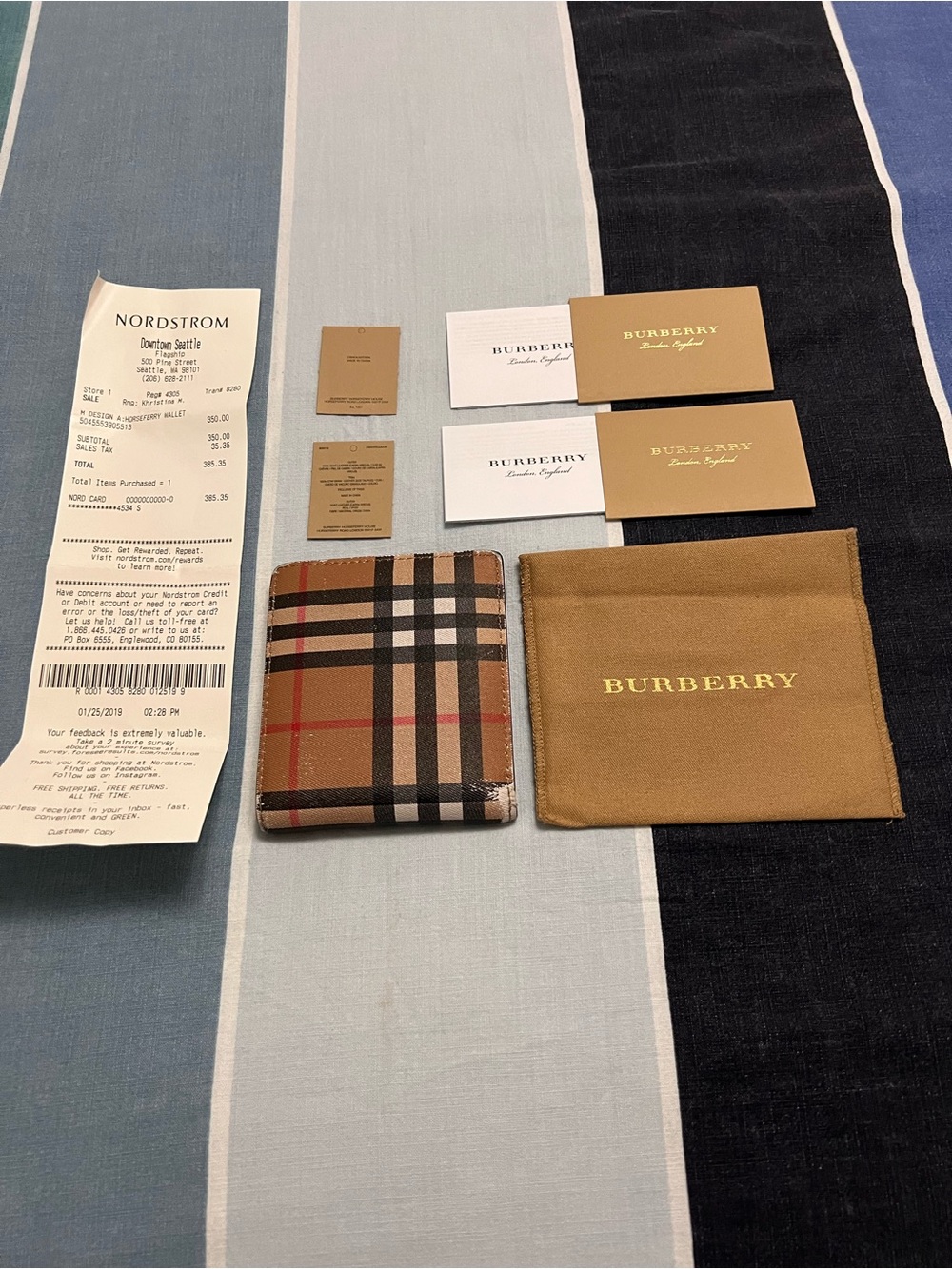 Burberry Check Compact Bi-Fold Wallet in Tan, Black and Red